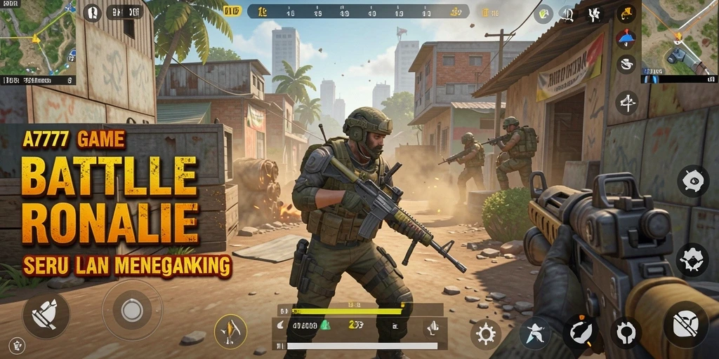 Screenshot A7777 menampilkan pertempuran intens dalam mode Battle Royale.