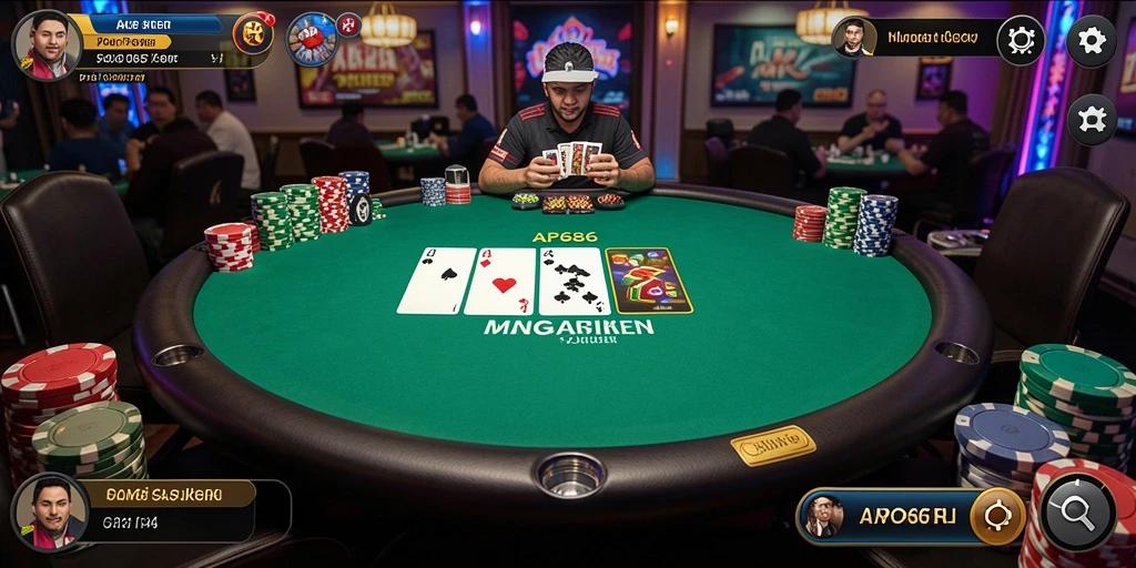 Screenshot gameplay AP686 yang menunjukkan aksi seru dalam permainan Poker.