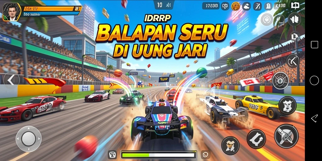 Tampilan gameplay seru di IDRRP dengan balapan mendebarkan.