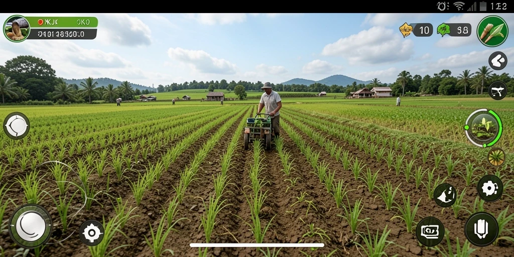 Screenshot gameplay OKJK, menampilkan kebun yang subur dan pengelolaan lahan yang efisien.