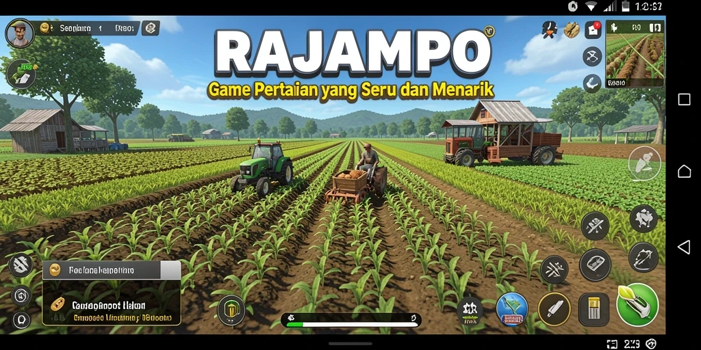Tampilan gameplay <strong>RAJAMPO</strong> yang menyenangkan dengan aktivitas pertanian.