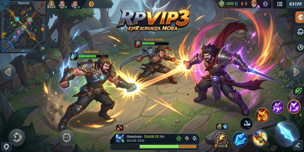 Screenshot utama RPVIP3 menampilkan pertarungan seru di arena MOBA.