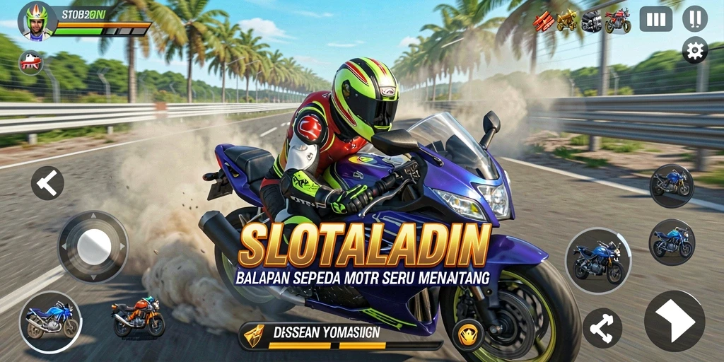 Screenshot gameplay SLOTALADIN menampilkan balapan sepeda motor yang intens dan mendebarkan.
