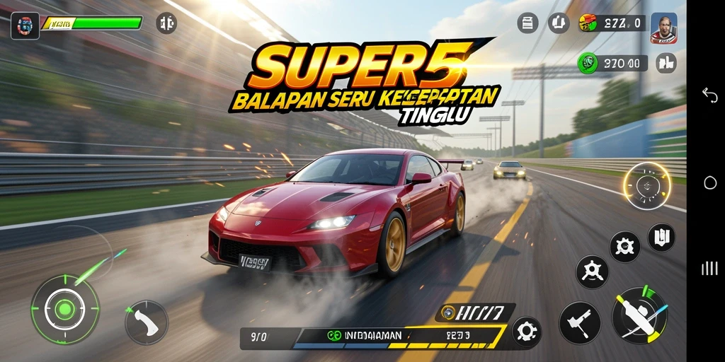 Screenshot gameplay SUPER5 yang menampilkan aksi balapan epik.