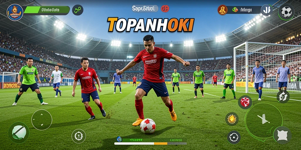 Gameplay TOPANHOKI dengan aksi sepak bola yang mendebarkan.