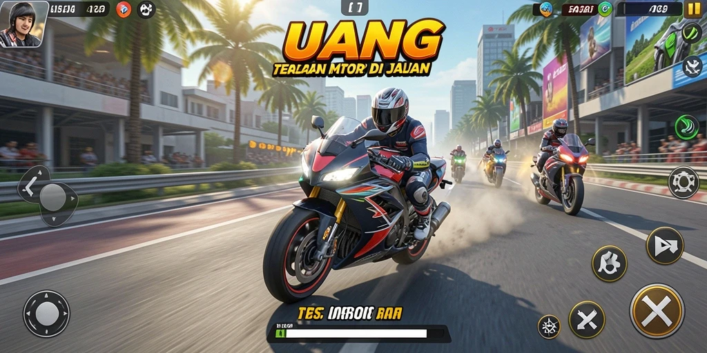 Screenshot gameplay UANG yang menampilkan aksi balapan motor seru.