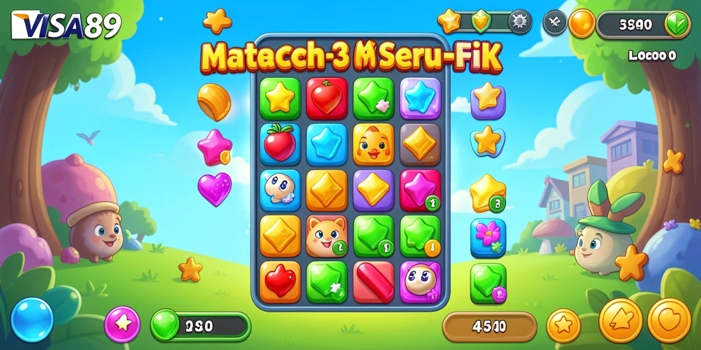 Gameplay Match-3 dengan grafis cerah dan menarik.