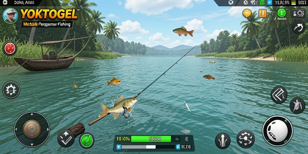 Screenshot gameplay YOKTOGEL menampilkan aktivitas memancing yang seru.